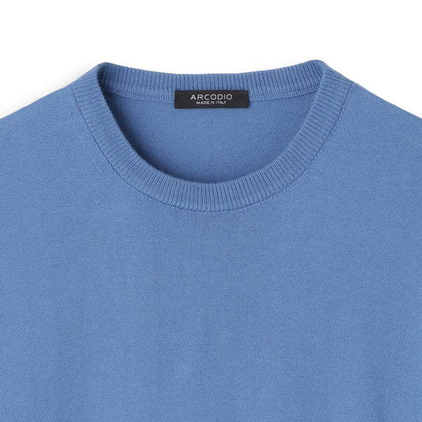フランス製 KANELL ブルーコットンニット 刺繍ロゴカットソー メンズs イタリア製コットンニット 長袖クルーネック col.スカイブルー - ARCODIO