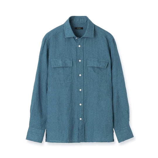 Lino Moderno バイオウォッシュリネン  フラップポケットシャツ col.アクアマリン