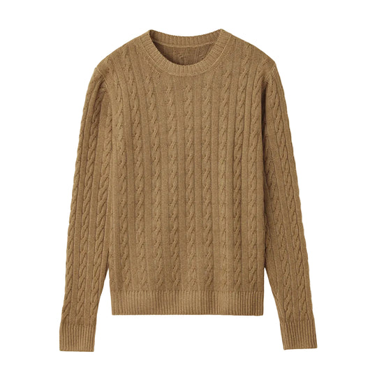 ESLATO イタリア製“Tintura Freddo（スノー加工）”ケーブルニット クルーネック col.キャメル