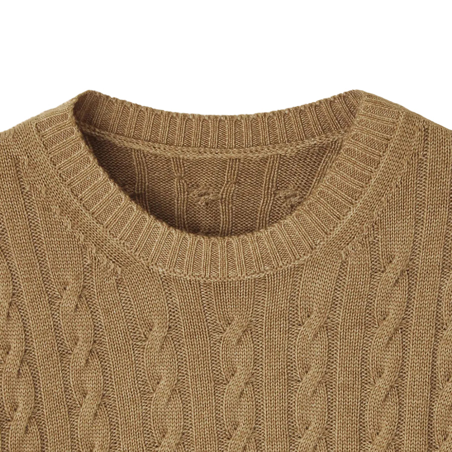 ESLATO イタリア製“Tintura Freddo（スノー加工）”ケーブルニット クルーネック col.キャメル