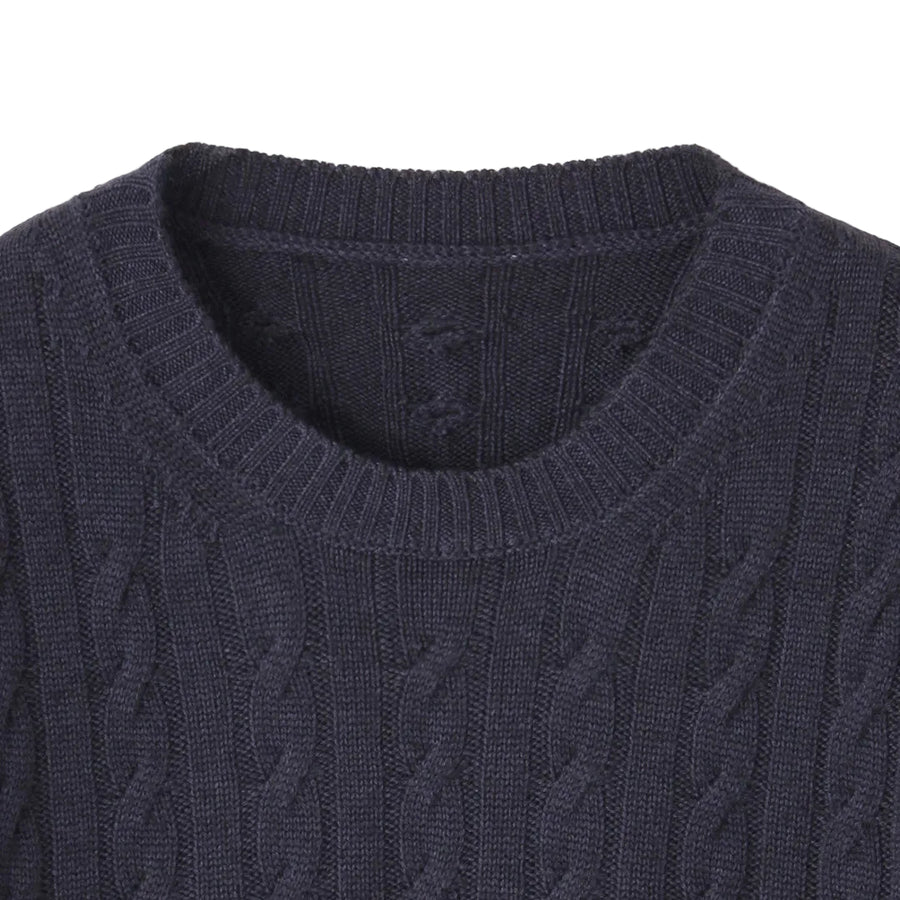 ESLATO イタリア製“Tintura Freddo（スノー加工）”ケーブルニット クルーネック col.ネイビー