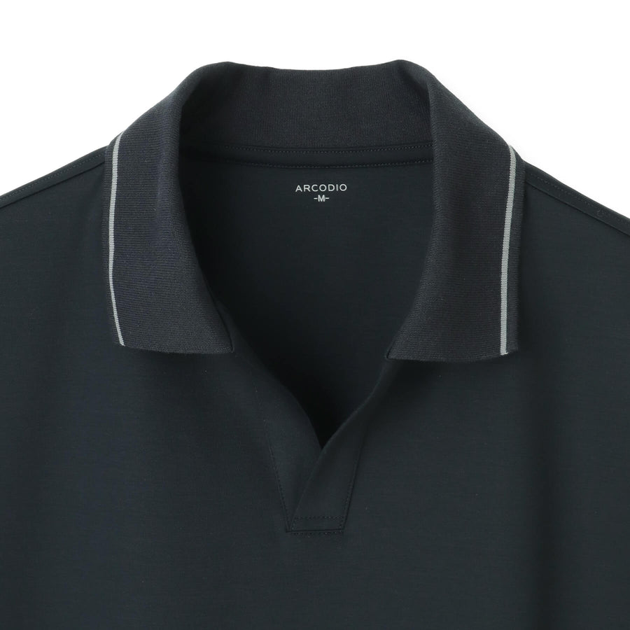 7oz コンパクトヤーンストレッチジャージー ラインリブスキッパーポロシャツ col.ネイビー