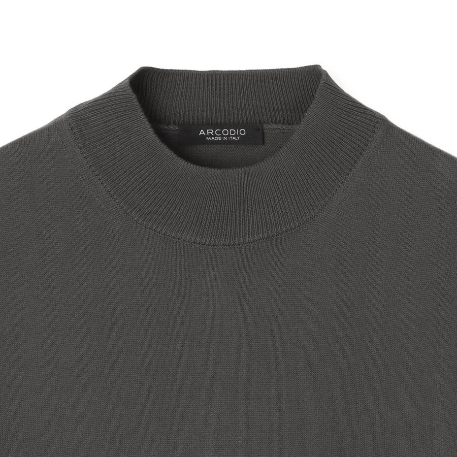 【予約販売】イタリア製コットンニット  半袖モックネック col.チャコールグレー
