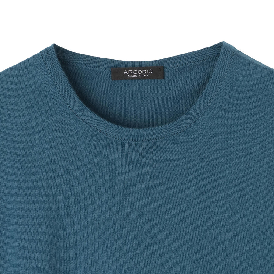 【予約販売】イタリア製コットンニット  半袖クルーネック col.ピーコックブルー