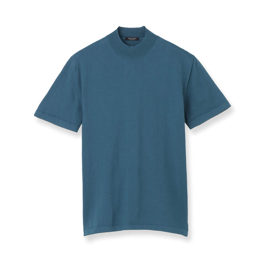 イタリア製コットンニット  半袖モックネック col.ピーコックブルー