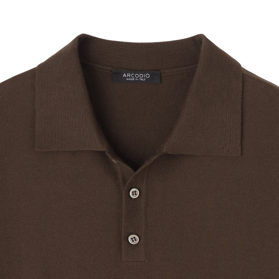 イタリア製コットンニット 半袖ポロ col.ブラウン