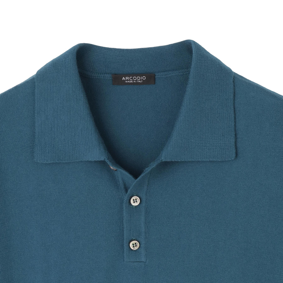 【予約販売】イタリア製コットンニット 半袖ポロ col.ピーコックブルー