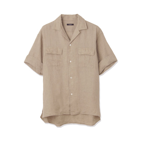 Lino Moderno バイオウォッシュリネン 半袖フラップポケットシャツ col.ベージュ