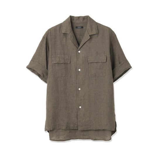 Lino Moderno バイオウォッシュリネン 半袖フラップポケットシャツ col.ブラウン