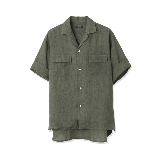 Lino Moderno バイオウォッシュリネン 半袖フラップポケットシャツ col.グリーン