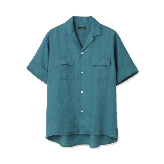 Lino Moderno バイオウォッシュリネン 半袖フラップポケットシャツ col.アクアマリン