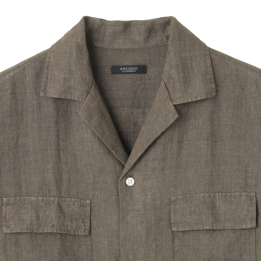 Lino Moderno バイオウォッシュリネン 半袖フラップポケットシャツ col.ブラウン