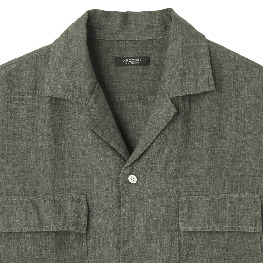 Lino Moderno バイオウォッシュリネン 半袖フラップポケットシャツ col.グリーン