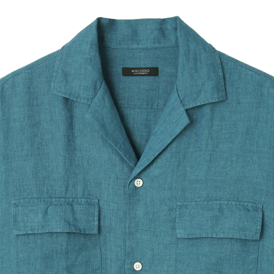 Lino Moderno バイオウォッシュリネン 半袖フラップポケットシャツ col.アクアマリン