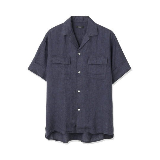 Lino Moderno バイオウォッシュリネン 半袖フラップポケットシャツ col.ネイビー