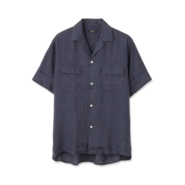Lino Moderno バイオウォッシュリネン 半袖フラップポケットシャツ col.ネイビー