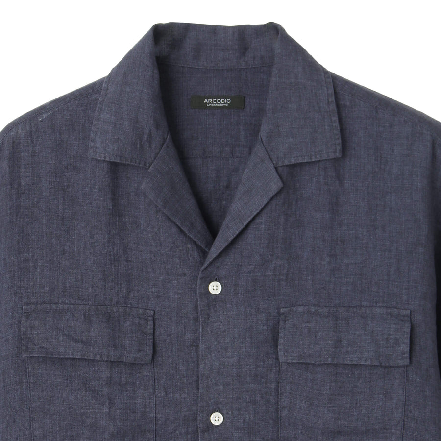 Lino Moderno バイオウォッシュリネン 半袖フラップポケットシャツ col.ネイビー