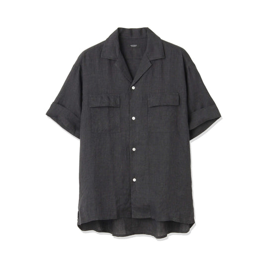 Lino Moderno バイオウォッシュリネン 半袖フラップポケットシャツ col.ブラック