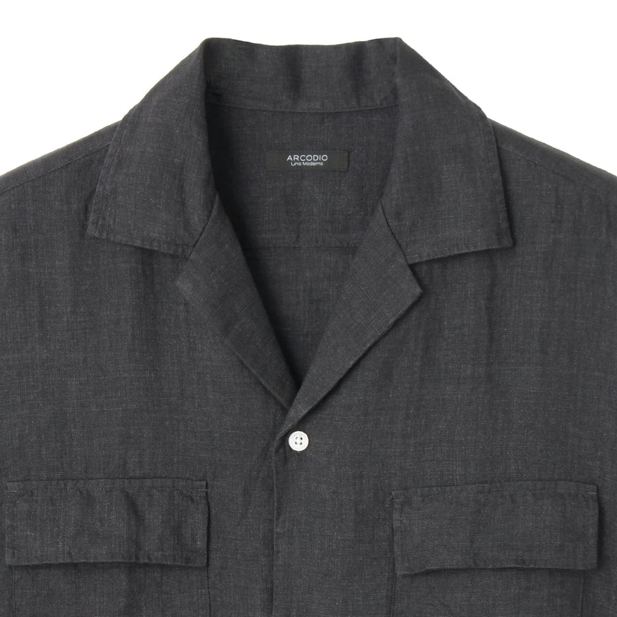 Lino Moderno バイオウォッシュリネン 半袖フラップポケットシャツ col.ブラック